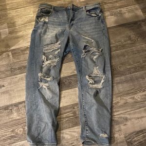 they are light blue ripped mom jeans from American Eagle